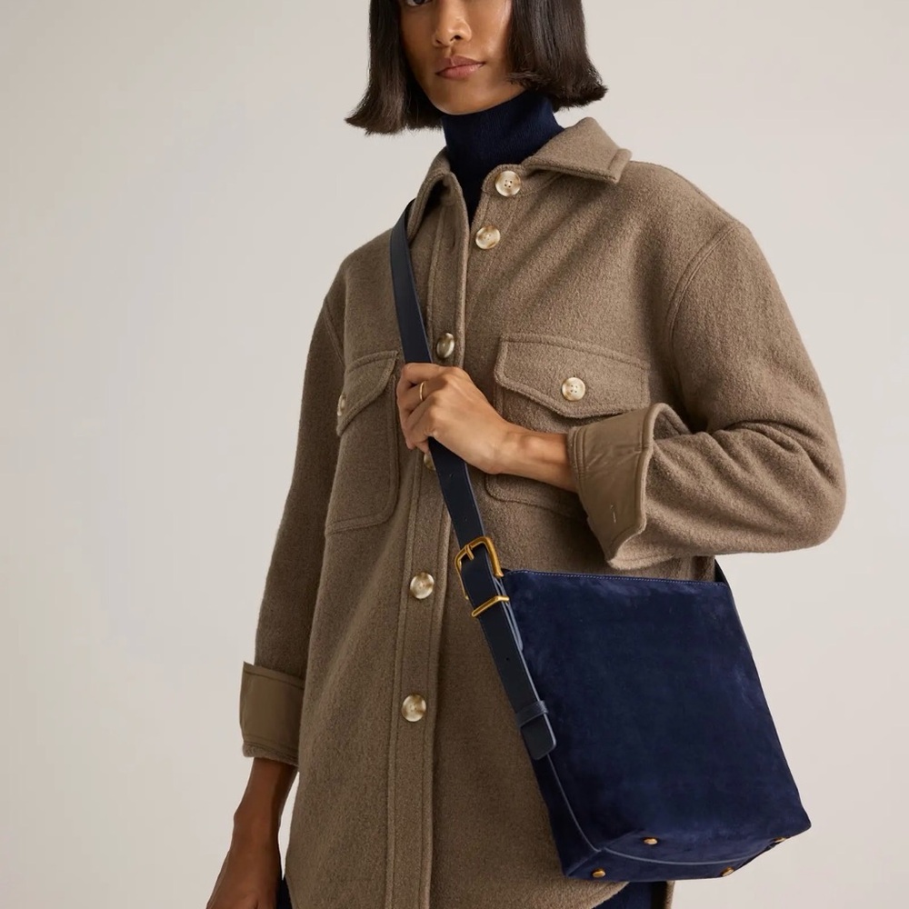 Quince Italian Suede Bucket Crossbody Bag in Navy - Picture 3 of 8